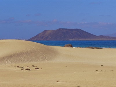 Sand Dunes and Isla De Los Lobos in Background, Corralejo, Fuerteventura, Canary Islands, Spain